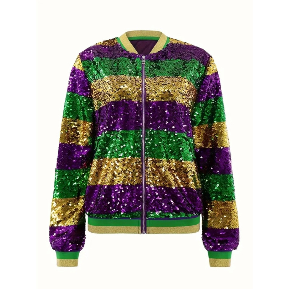 Mardi Gras Sequins Striped Purple, Green and Gold Bomber Jacket - Picture 3 of 7